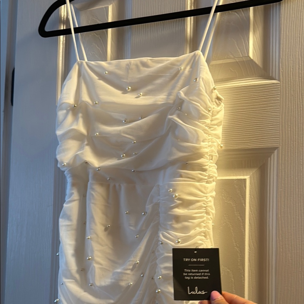 Never worn new with tags Lulus White Ruched Dress with Pearl Accents